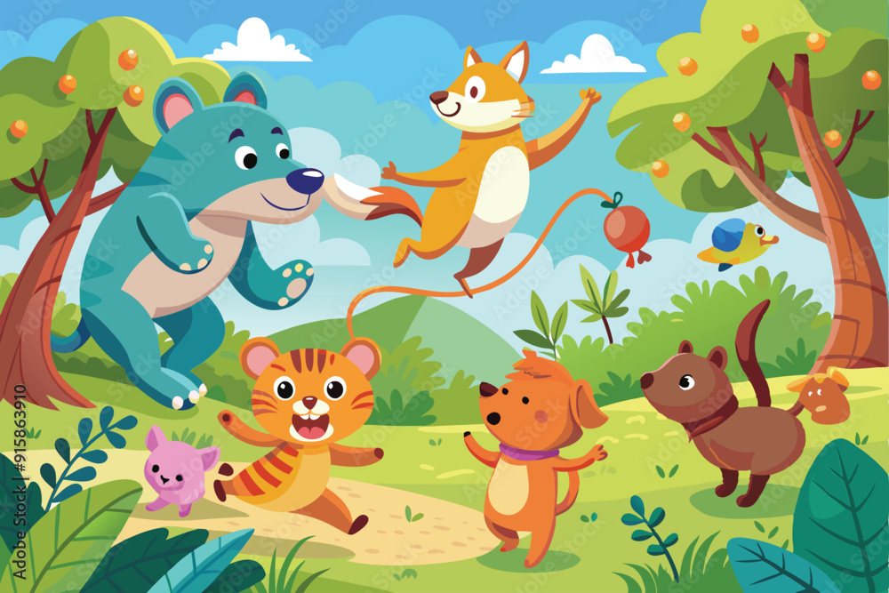 Naklejka premium A playful gathering of pets and wild creatures joyfully skipping together in a vibrant forest filled with trees and greenery under a clear blue sky