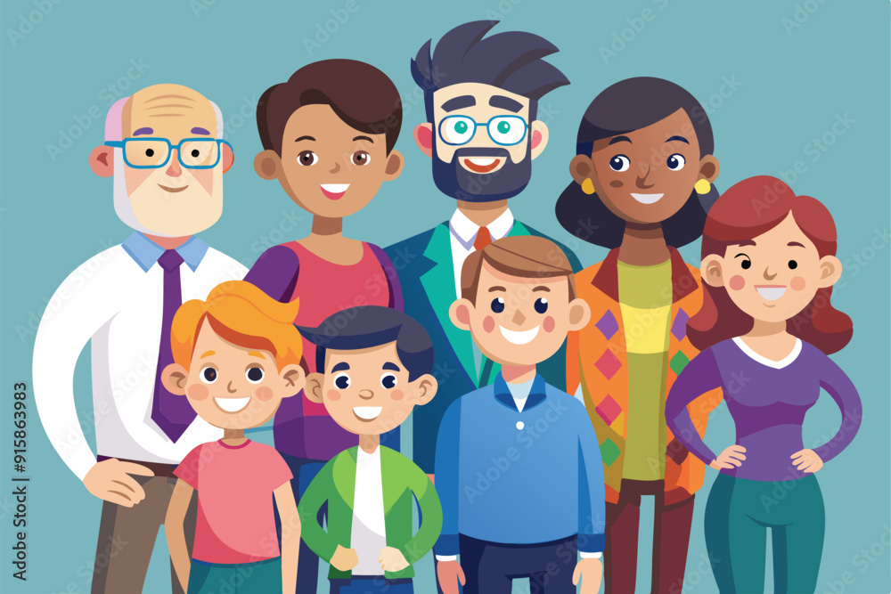 A diverse group of adults and young characters smile together, showcasing unity and joy in a vibrant and cheerful atmosphere A diverse group of adults and young characters smile together, showcasing unity and joy in a vibrant and cheerful atmosphere