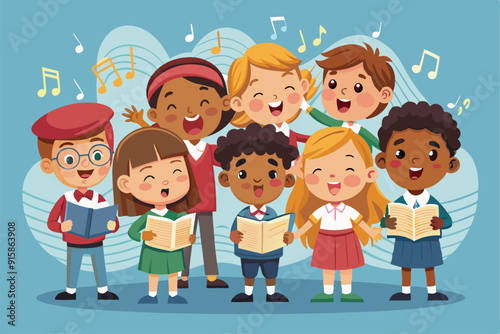 A diverse group of joyful children is singing in unison while holding music books, creating a delightful atmosphere of harmony and friendship