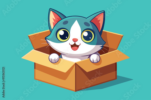A playful kitten curiously peeks out from a cardboard box, showcasing its excitement in a vibrant and cheerful setting