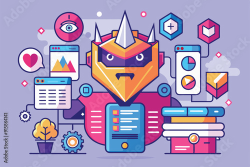A vibrant illustration showcases a customizable robot surrounded by digital elements and tools, representing advanced technology and creative possibilities