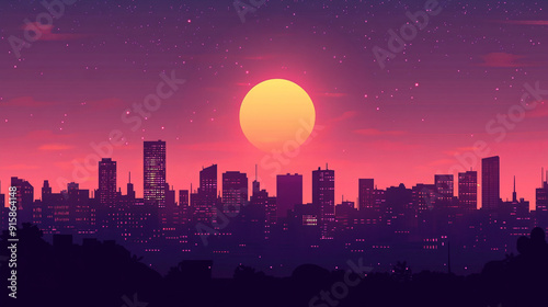 Cartoon simple city skyline background at night