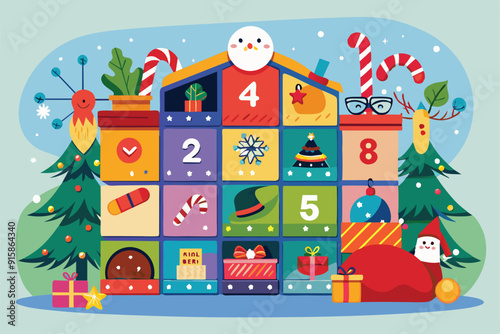 A colorful advent calendar features festive ornaments, gifts, and holiday elements, inviting a sense of excitement and celebration for the season