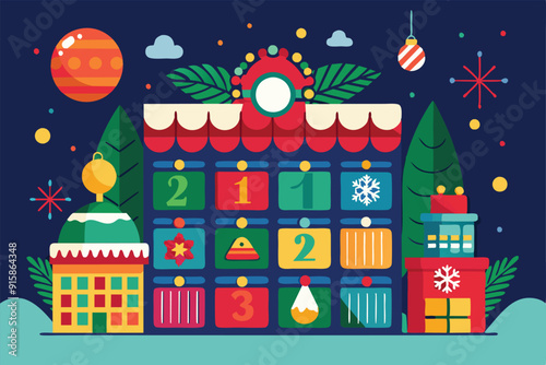 A vibrant advent calendar showcases festive elements, with colorful doors and decorations set against a wintry backdrop, celebrating the holiday spirit