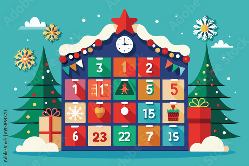 A vibrant advent calendar featuring numbered doors, holiday decorations, and snowflakes, inviting excitement for Christmas countdown activities