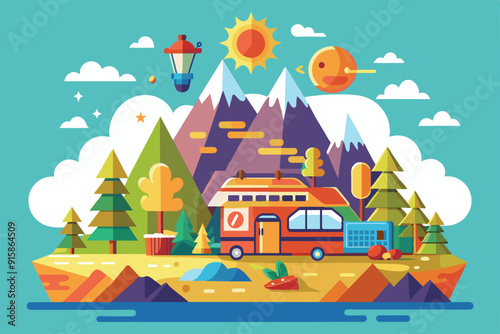 Wallpaper Mural Explore a whimsical landscape with towering mountains, lush trees, and a cheerful camper van under a bright sky, perfect for adventurous spirits Torontodigital.ca