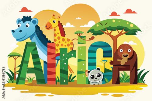 Cartoon animals interact joyfully amidst colorful letters spelling Africa, set against a bright, lively landscape with trees and a sunny sky