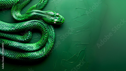 Green python snake with patterned skin on a plain green background, top view, plenty of copy space. photo