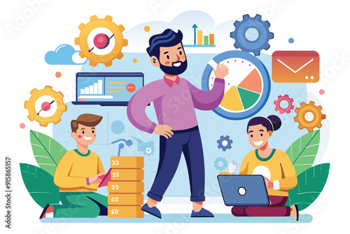 A diverse team collaborates on agile project management, using tools and illustrations to enhance productivity and innovation in an office setting