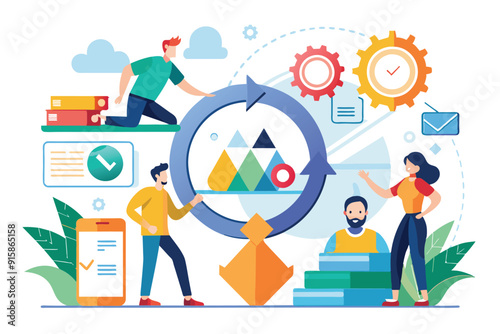 A diverse team collaborates on agile methodology, utilizing tools and visual aids to enhance workflow and productivity in a bright office environment