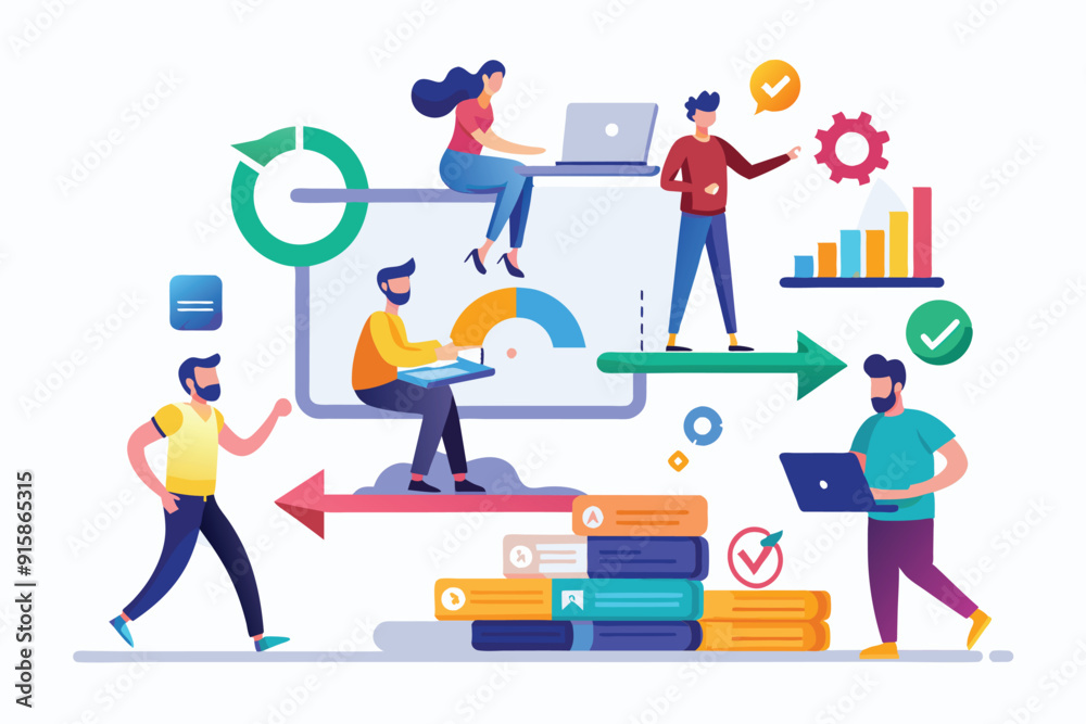 A vibrant illustration depicting a diverse team collaborating on agile project management with charts and data visuals on screens A vibrant illustration depicting a diverse team collaborating on agile project management with charts and data visuals on screens