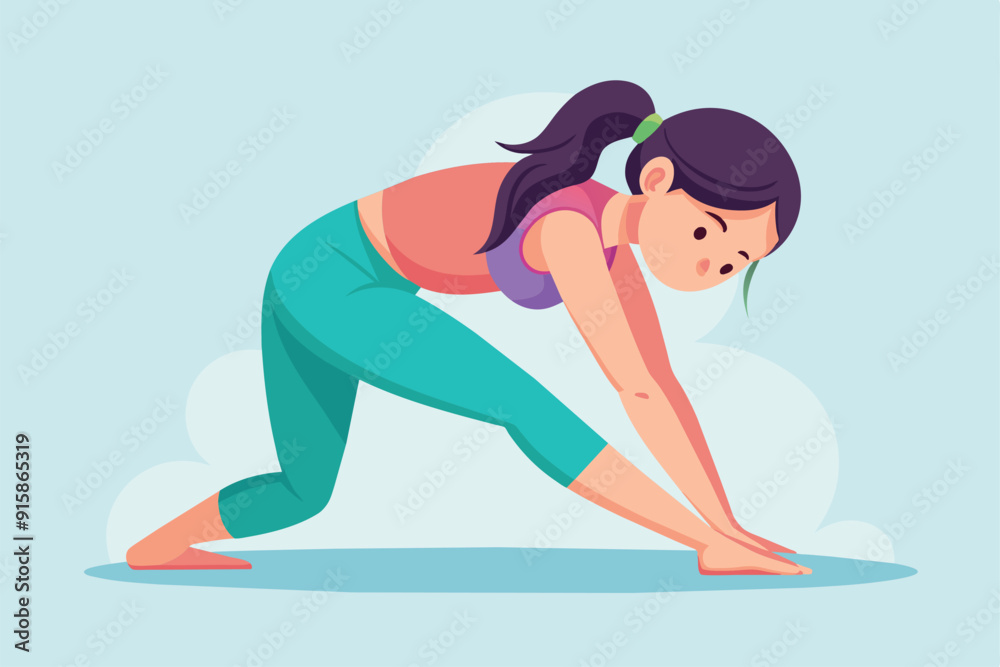 A girl bends forward, stretching to touch her toes, enhancing her flexibility in a serene indoor space during the morning A girl bends forward, stretching to touch her toes, enhancing her flexibility in a serene indoor space during the morning