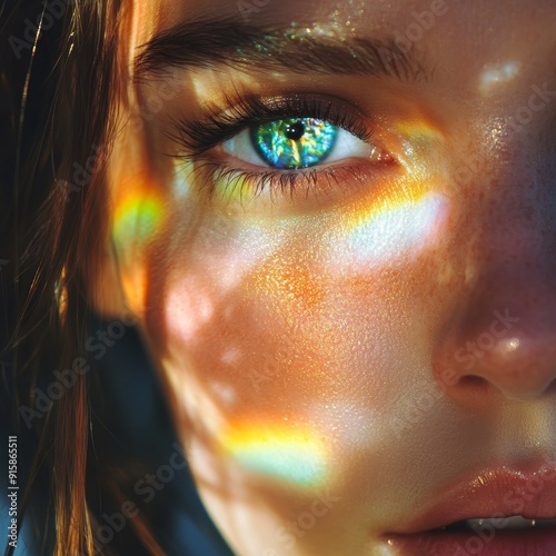 Vivid summer portrait of woman with colorful light reflections, natural beauty in fashion editorial