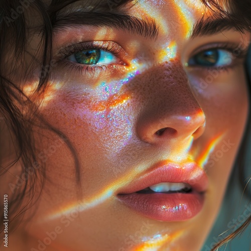 Vibrant summer portrait of woman with colorful face refractions, natural beauty for fashion magazine