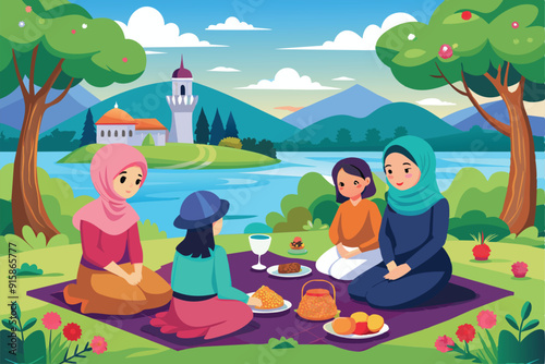 A group of Muslim girls enjoys a delightful picnic by the tranquil lake, sharing food and laughter under the bright sky