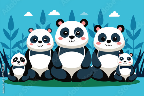 Five pandas sit together in a row, enjoying each other’s company on a bright day surrounded by colorful greenery and soft clouds