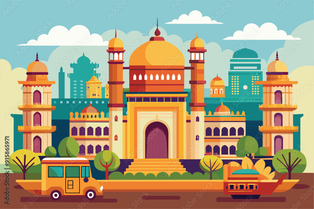 A lively depiction of Ahmedabad featuring its iconic architecture, colorful vehicles, and greenery, showcasing the vibrant atmosphere of the city