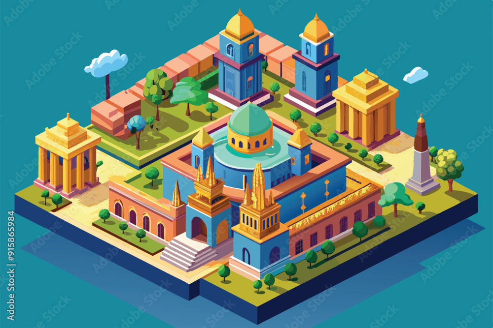 A vibrant isometric illustration showcasing Ahmedabad’s iconic architecture and lush landscapes, ideal for customization and creative projects A vibrant isometric illustration showcasing Ahmedabad’s iconic architecture and lush landscapes, ideal for customization and creative projects