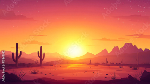 Cartoon simple desert background at sunset