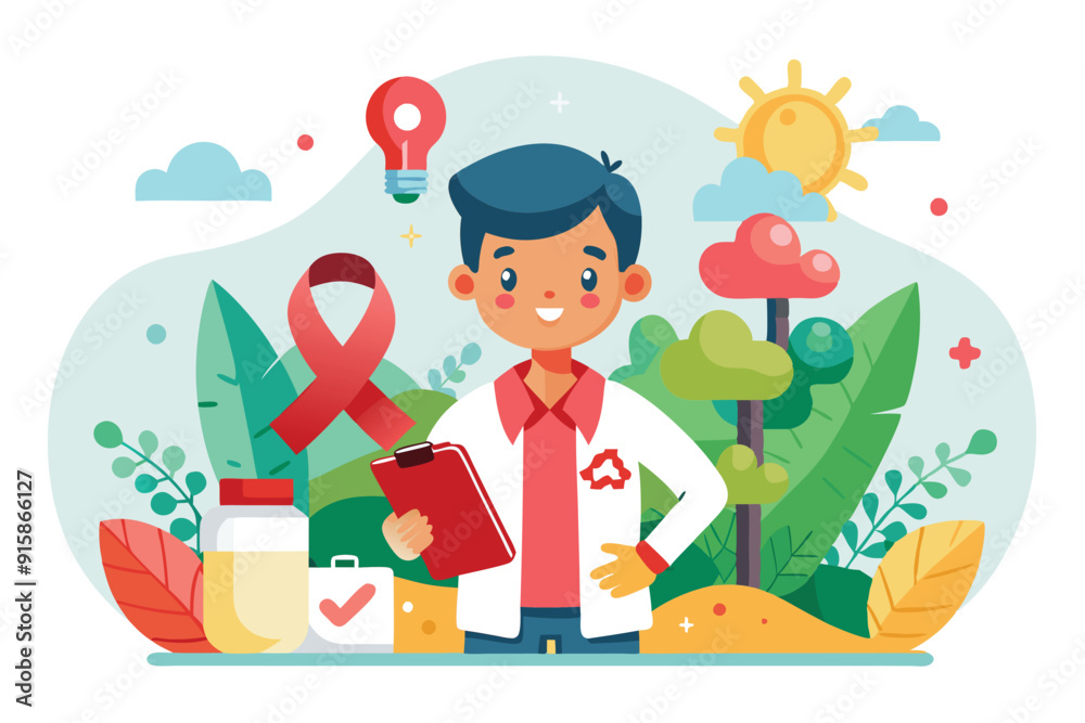 Fototapeta premium A young scientist holds a clipboard in a colorful natural environment, with Aids awareness symbols and research elements in a cheerful setting