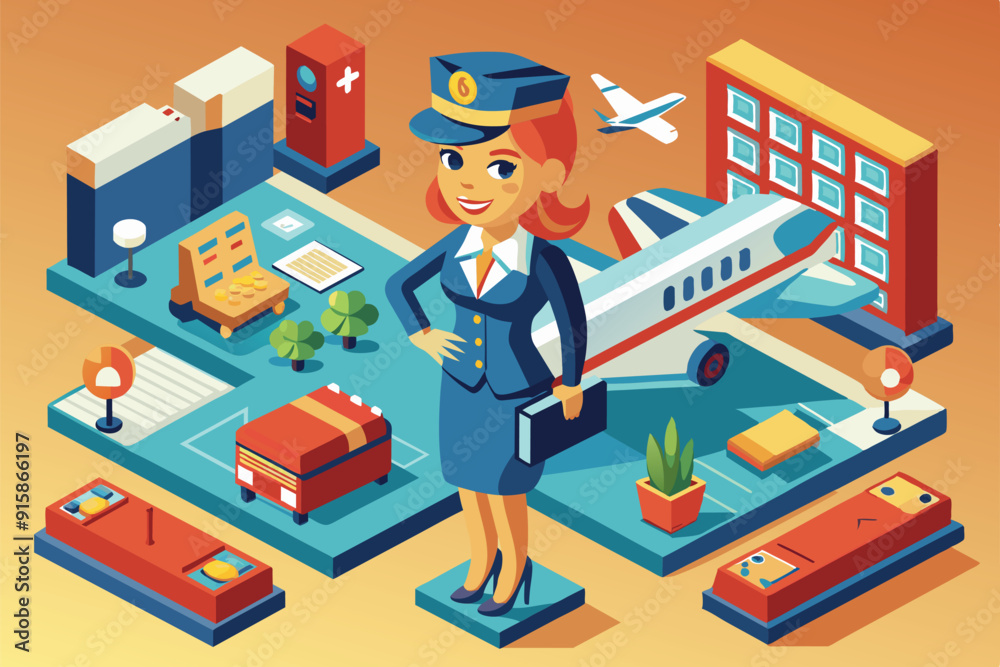 An air hostess stands confidently at an airport terminal, ready to assist passengers amidst various travel-related elements and aircraft An air hostess stands confidently at an airport terminal, ready to assist passengers amidst various travel-related elements and aircraft