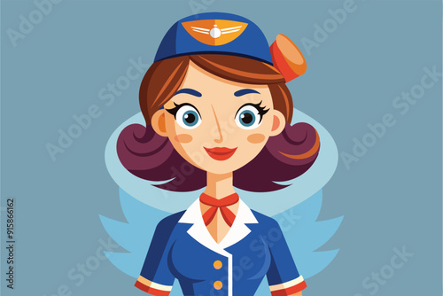 A cheerful air hostess smiles, wearing a stylish uniform with wings, ready to assist passengers on an exciting journey through the skies