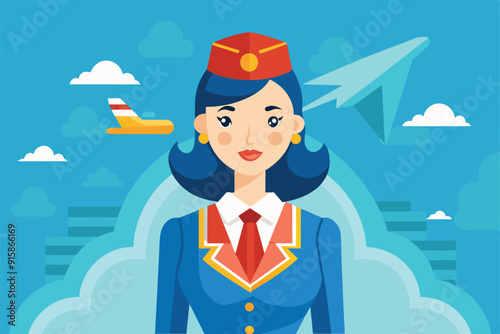 A flat illustration features a smiling air hostess with a blue uniform and red hat, set against clouds and an airplane flying in the sky
