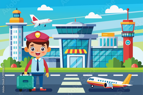 A cheerful young boy stands at an airport with a green suitcase, surrounded by vibrant control towers and airplanes in the sky