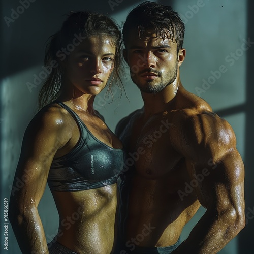 High detail fitness photoshoot with male and female models captured using a 35mm lens camera