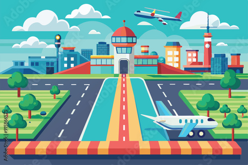 A bustling airport runway illustration showcases a colorful landscape with planes, buildings, and trees, capturing the lively atmosphere of travel