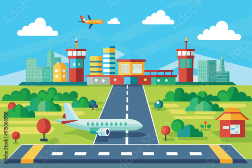A flat illustration showcases an airport runway, with airplanes taking off, buildings in the background, and a vibrant landscape