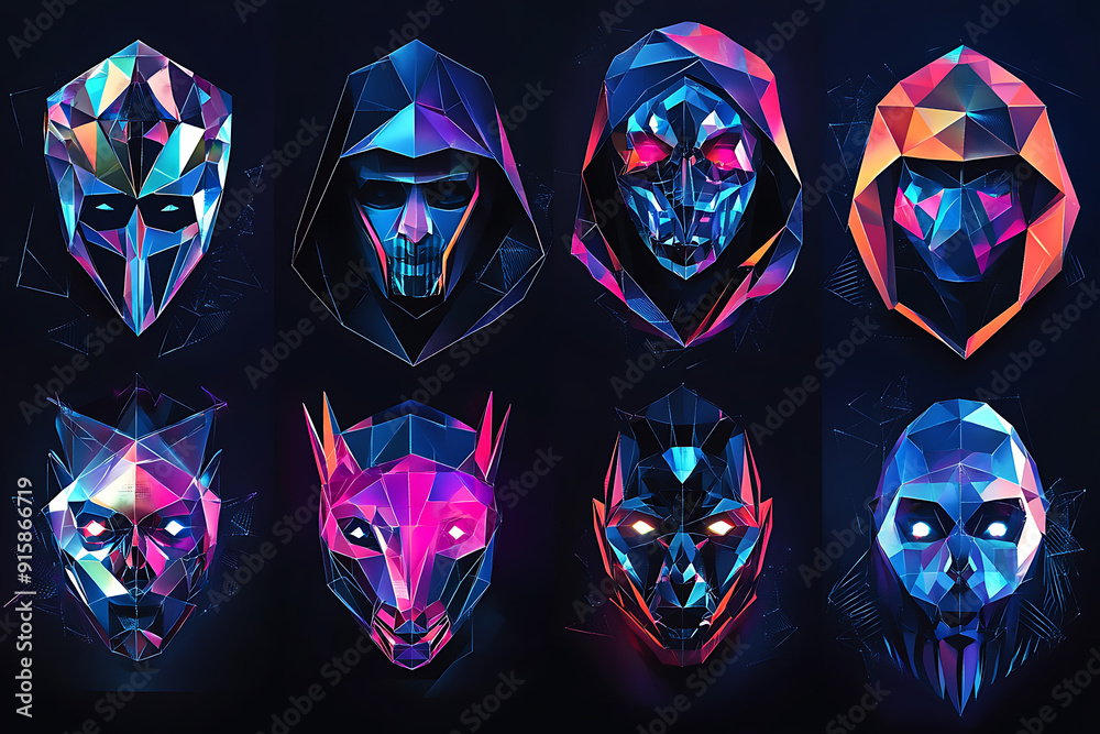 Naklejka premium A low-poly style illustration representing cyber security, featuring geometric faces and angular patterns. The design incorporates elements such as padlocks, shields, and digital networks