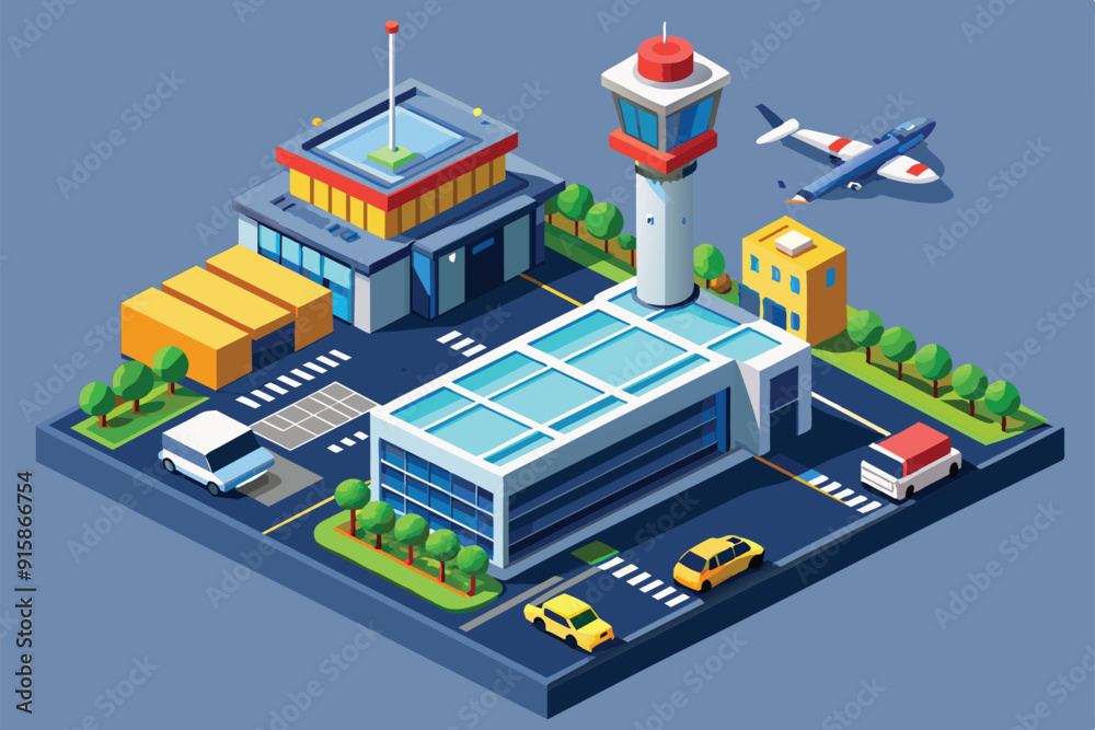A detailed isometric view of a contemporary airport terminal featuring a control tower, parked vehicles, and an aircraft preparing for departure
