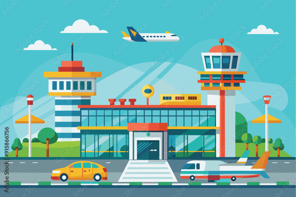 A vibrant airport terminal bustling with activity, featuring planes taking off, cars arriving, and control towers overseeing the operations A vibrant airport terminal bustling with activity, featuring planes taking off, cars arriving, and control towers overseeing the operations