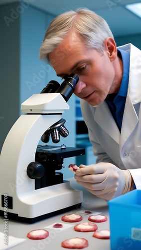 Pathologist examining tissue samples under microscop photo