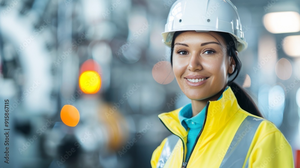 Smiling Female Engineer in Safety Gear at Industrial Facility Smiling Female Engineer in Safety Gear at Industrial Facility