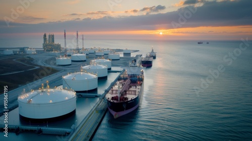 Industrial Port at Dusk With Cargo Ship and Storage Tanks