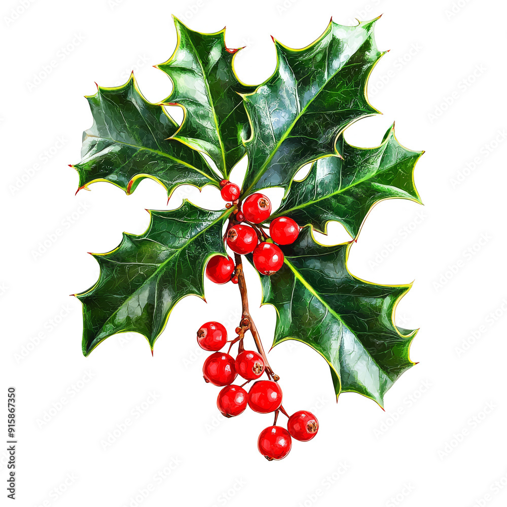 A sprig of holly with vibrant green leaves and red berries, png A sprig of holly with vibrant green leaves and red berries, png