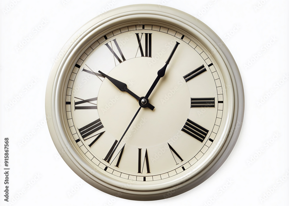 Classic analog clock face with bold black Roman numerals and slender hour and minute hands on a clean white background with subtle texture. Classic analog clock face with bold black Roman numerals and slender hour and minute hands on a clean white background with subtle texture.
