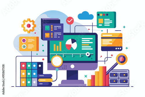 A vibrant workspace showcases a desktop with various data visualizations, charts, and graphs, highlighting an engaging analysis and management activity