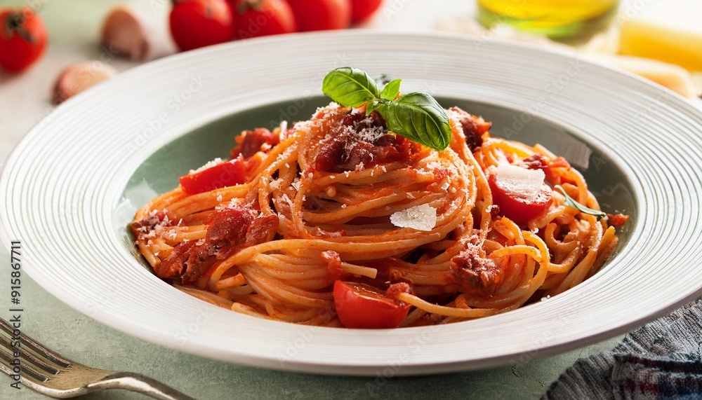 Spaghetti alla Amatriciana mit Pancetta, Tomaten und Pecorino Spaghetti alla Amatriciana mit Pancetta, Tomaten und Pecorino