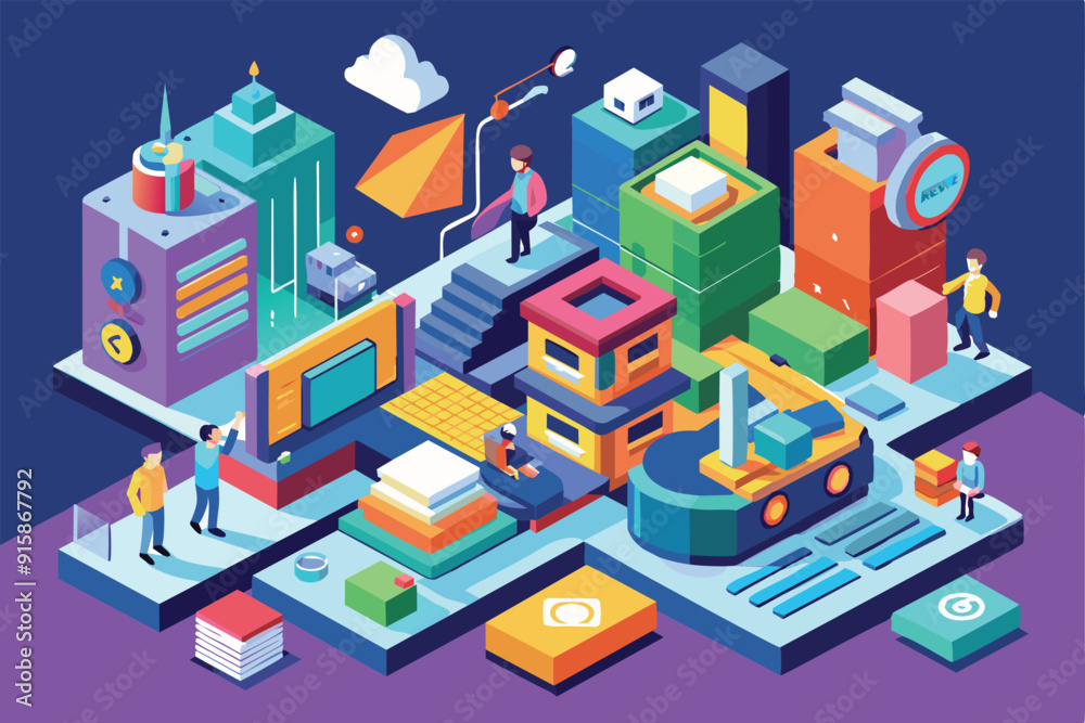 A lively urban setting features multiple characters involved in diverse activities, showcasing colorful buildings, technology, and creative tools A lively urban setting features multiple characters involved in diverse activities, showcasing colorful buildings, technology, and creative tools