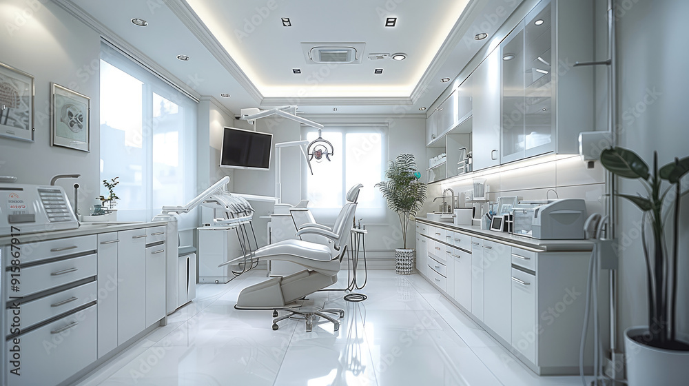 A clean and minimalist dental clinic with a prominent dentist chair. Generative AI. A clean and minimalist dental clinic with a prominent dentist chair. Generative AI.