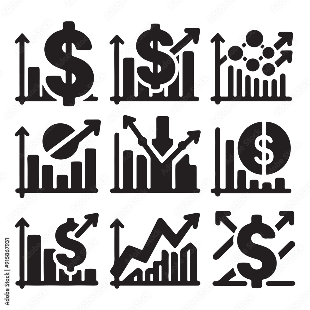 Set of chart icons with dollar sign in even silhouette on a white background. The graph shows downward and upward trends. Vector Set of chart icons with dollar sign in even silhouette on a white background. The graph shows downward and upward trends. Vector