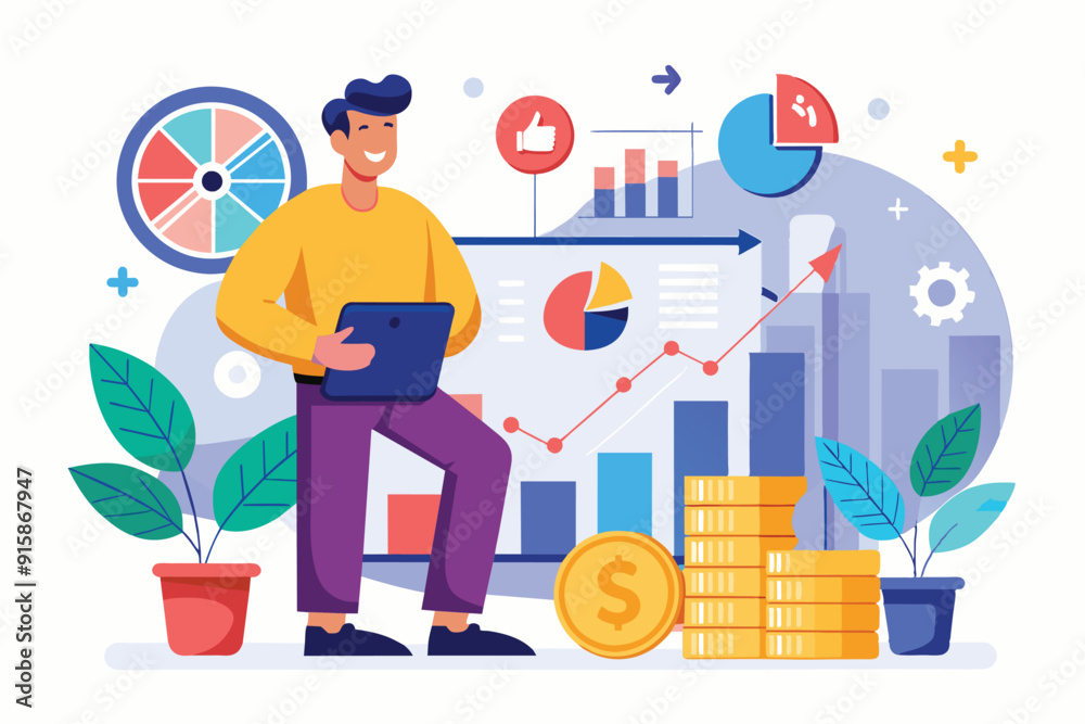 A man studies growth charts and coins while standing in a contemporary office, focusing on data analysis and market trends A man studies growth charts and coins while standing in a contemporary office, focusing on data analysis and market trends