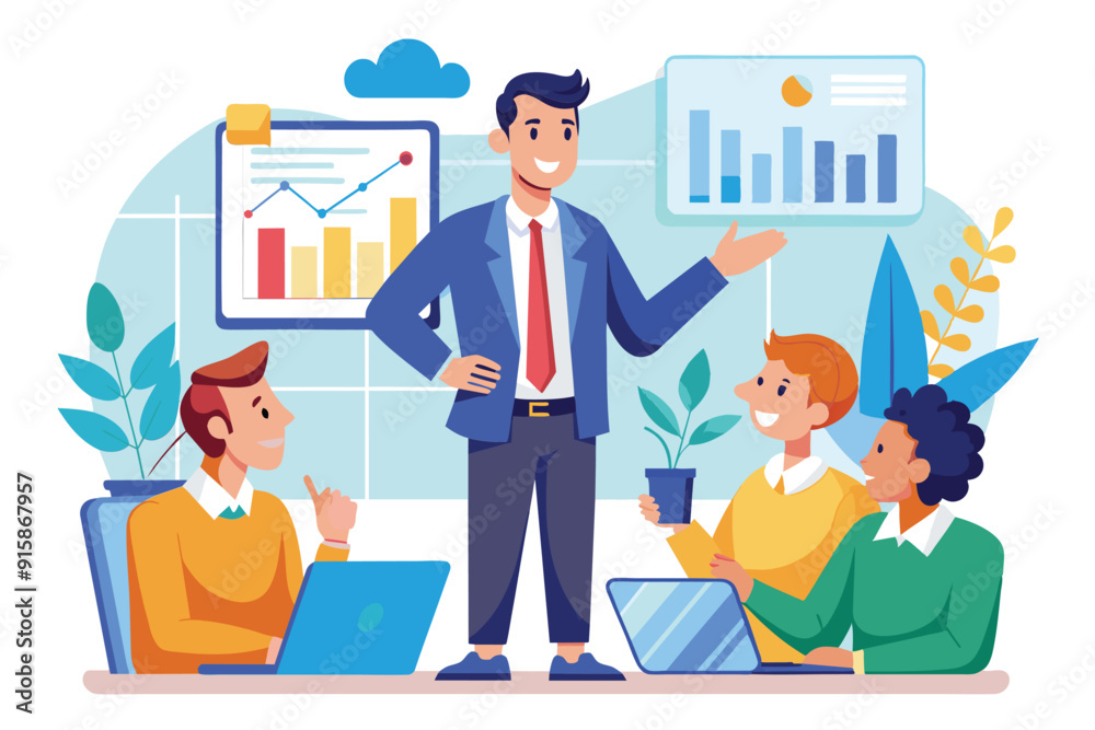A manager engages with his team, explaining statistics and strategies using visual aids in a contemporary office space