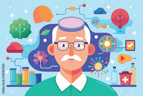An elderly man with glasses showcases Alzheimer’s awareness, surrounded by vibrant icons symbolizing brain health, memory, and wellness
