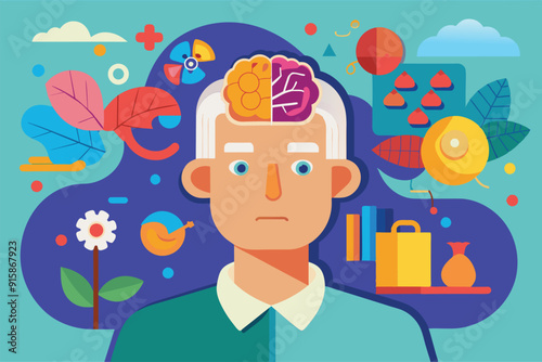 A creative illustration highlights the effects of Alzheimer’s on the brain, featuring symbolic elements representing memories and emotions