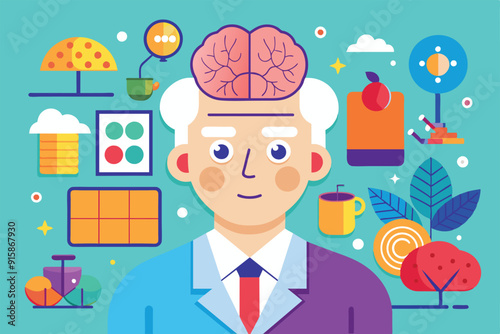 A colorful illustration featuring a man with a brain graphic, surrounded by symbols representing Alzheimer's awareness and activities for cognitive stimulation