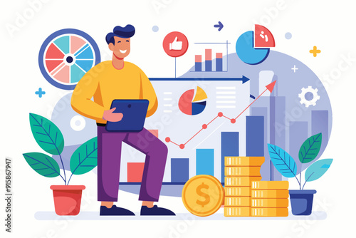 A man studies growth charts and coins while standing in a contemporary office, focusing on data analysis and market trends